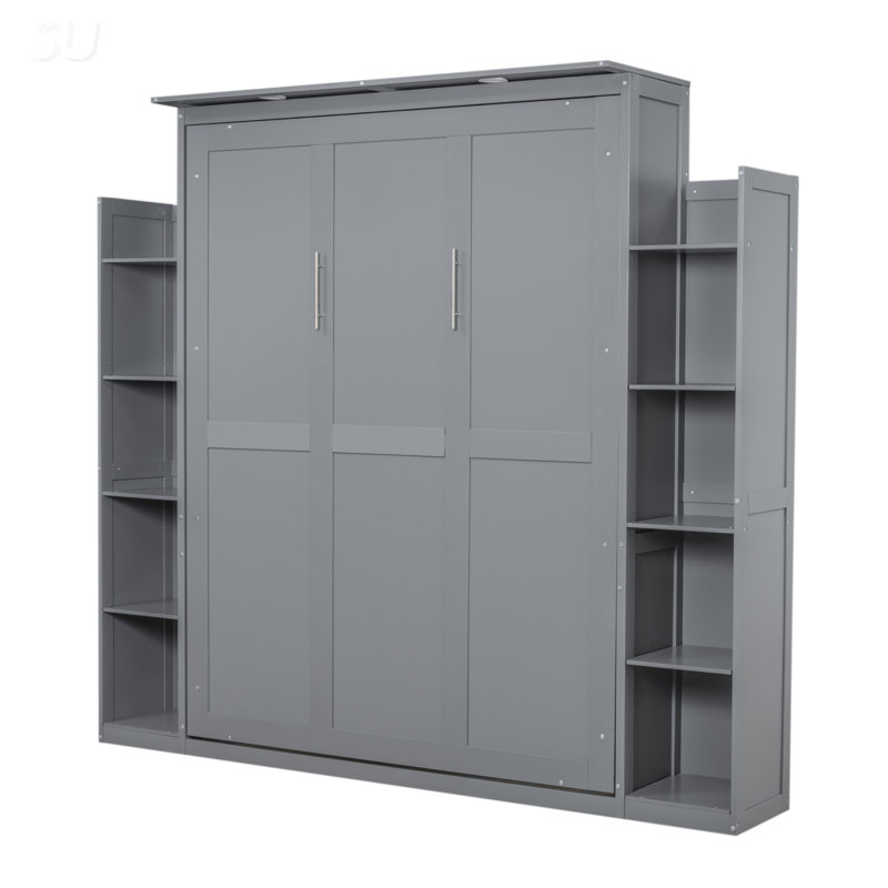 Grand lit escamotable mural avec tablettes, Gris, Grand lit