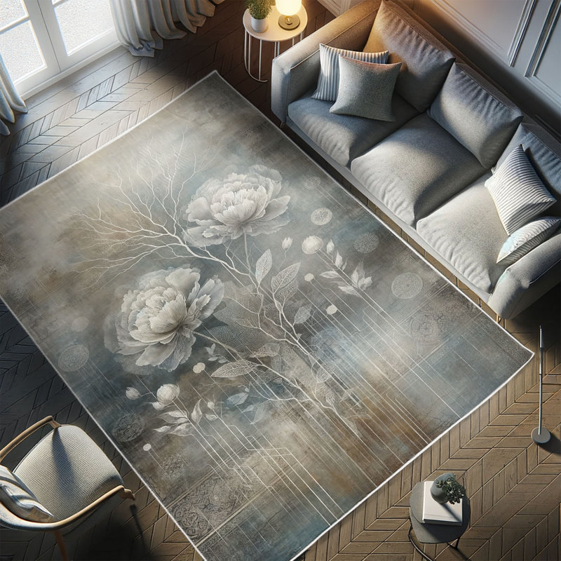 Blue and Gray Abstract Floral Synthetic Area Rug