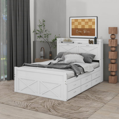 Full Size Wooden Extendable Bed With Storage Headboard, Outlets, Twin Size Trundle And Drawers by Gracie Oaks