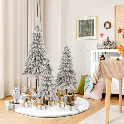 3-Piece Snow-Flocked Sweeping Branches Artificial Tree Set with Battery Operated Lights