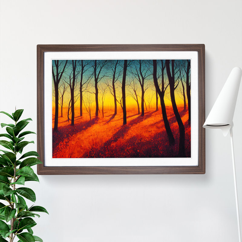 Striking Forest Sunset Vol.7 - Single Picture Frame Painting, 46cm H x 64cm W x 2cm D, Walnut