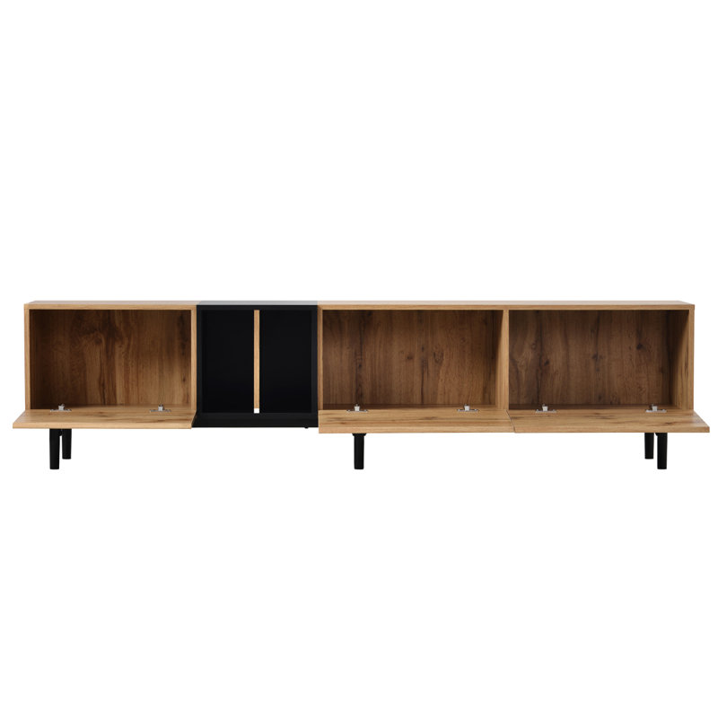 Meuble télé moderne pour téléviseur de 80 pouces avec 3 portes de salon, Bois naturel