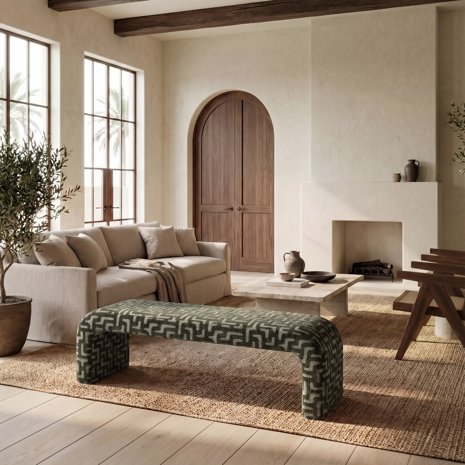 Daine 62" Linen Bedroom Bench, Dark Green Chenille Abstract