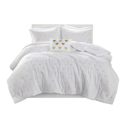 4 Pcs Full/Queen Ultra Soft Comforter With Metallic Print, 2 Shams, 1 Pillow, Microfiber Reverse, Machine Washable Heart , Microlight , ,