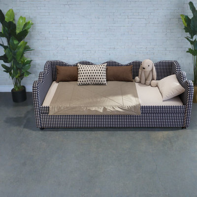 Lit pour canapé convertible en 1, tissu écossais bleu, structure en bois et métal, économie d'espace moderne