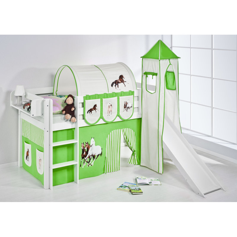 Halbhochbett Pferde mit Vorhang, 90 x 190 cm, Green/Beige