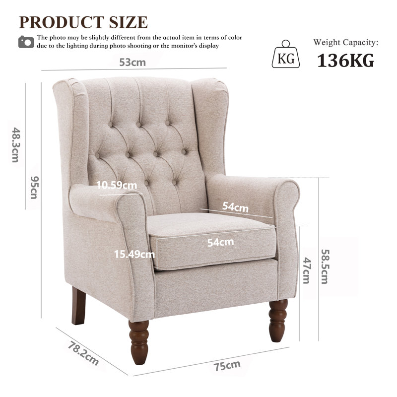 Button-Tufted Wingback Accent Chair - Solid Wood Legs with Rolled Arm &Thick Padded Cushion, Brown, Beige Polyester