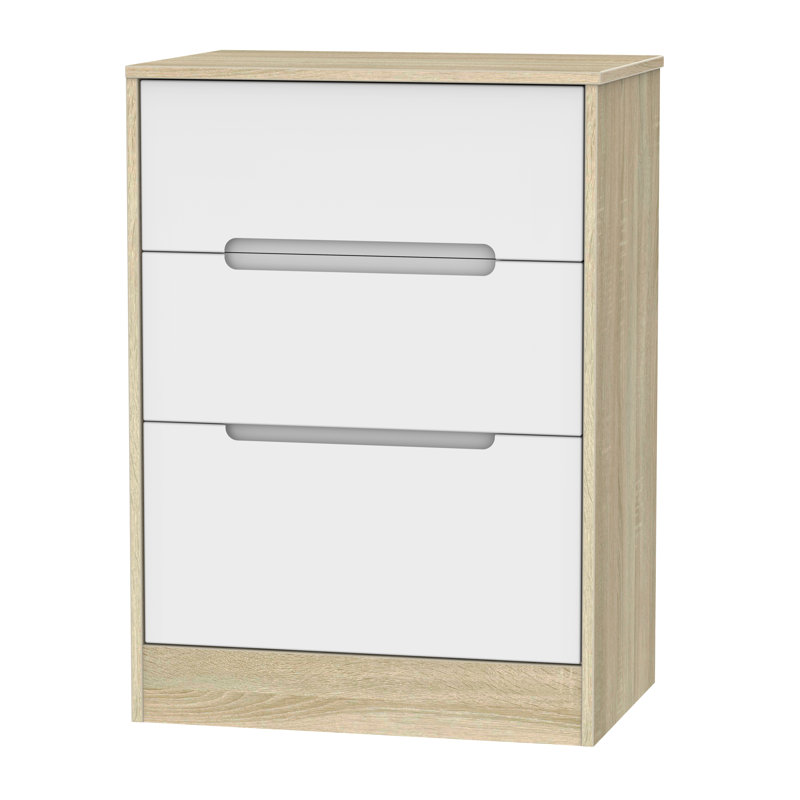 Fully Assembled Vernon 3 Drawer Chest, White Matt/Bardolino Oak