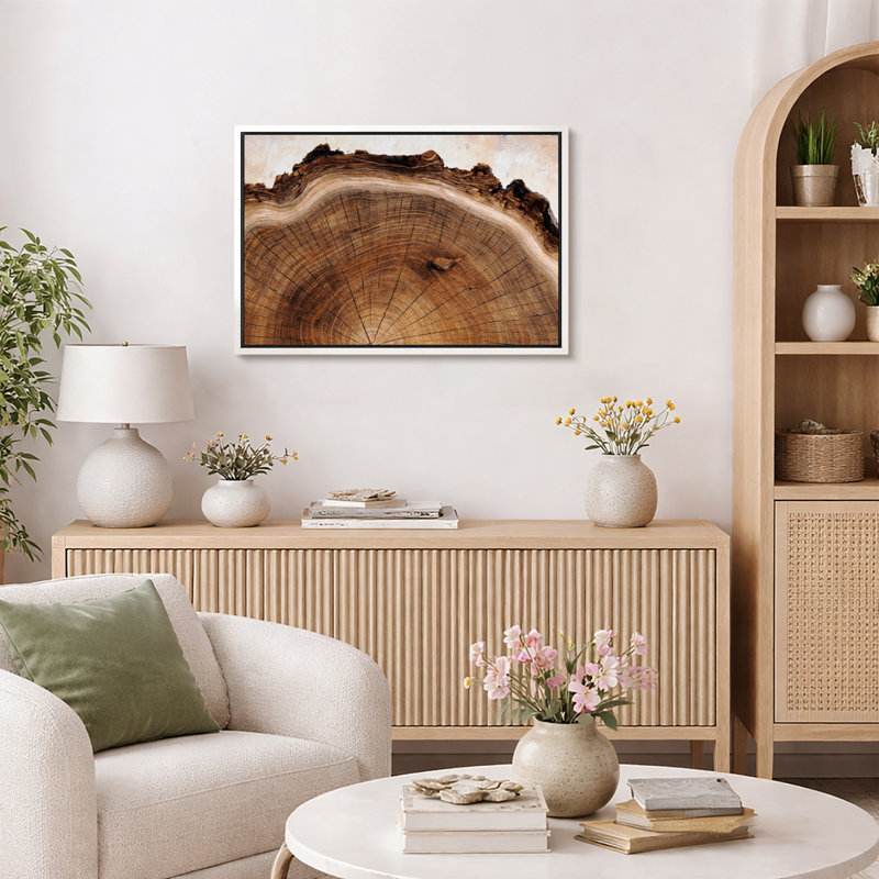 Œuvre d'anneau en bois naturel, tronc d'arbre rustique, photos de salon, impression sur toile encadrée, Cadre blanc