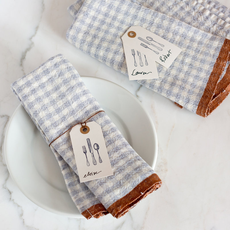 Gingham Linen Square Napkins, Orange/Aqua