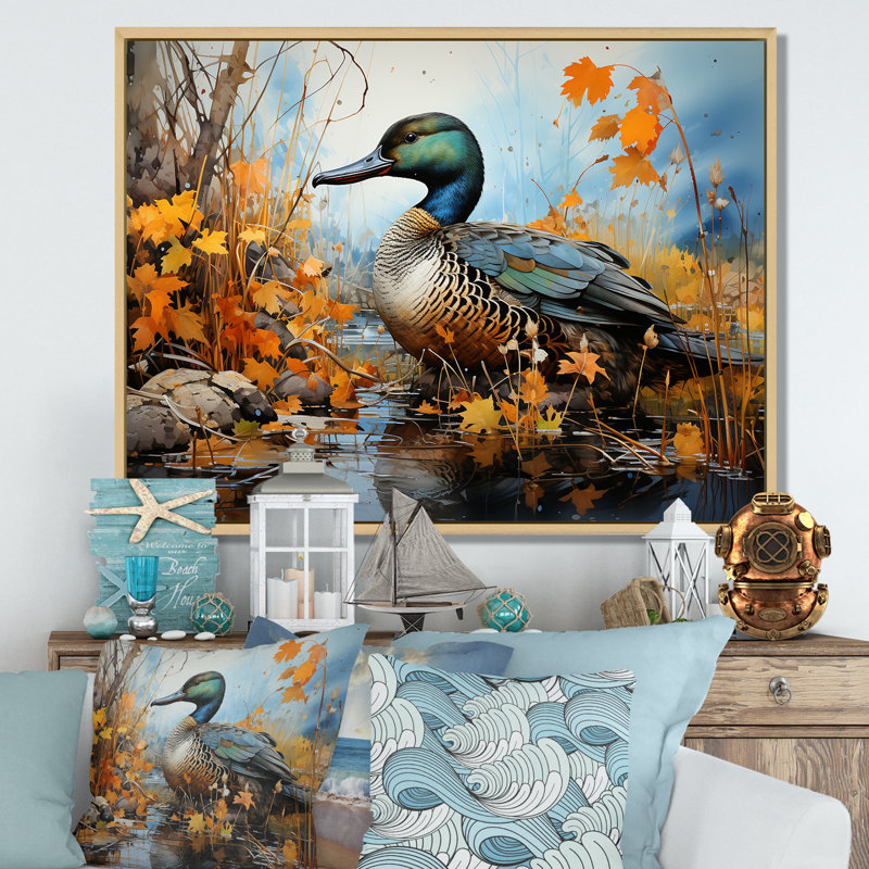 Canard bleu baroque élégance IV - art mural canard, Cadre flottant brun, H 40 po x l 30 po x P 1,5 po