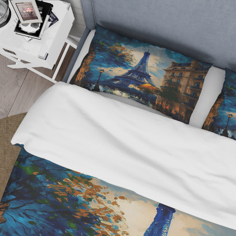 Ensemble de housse de couette en microfibre / polyester Tour Eiffel bleue en automne