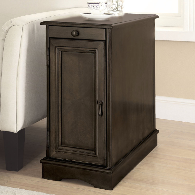 Transitional Side Table with Pull-Out Cup Holder and Built-In USB Outlet for Modern Convenience, Gray