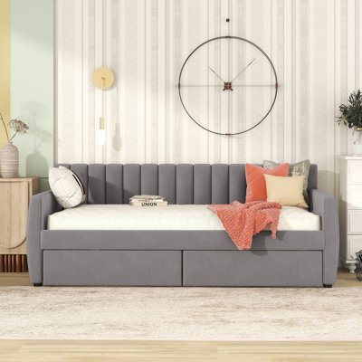 Lit de jour simple tapissier avec tiroirs, support en lattes de bois, gris