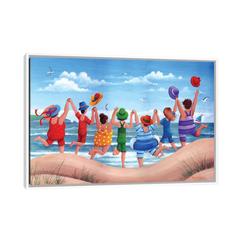 Reproduction d’art, "Beach Party Rainbow scene" par Peter Adderley, H 26 po x l 40 po x 1,5 po, Toile blanche encadrée