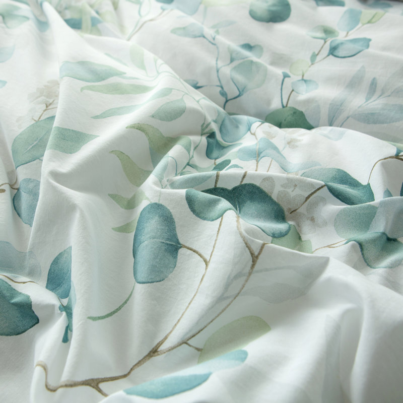 Schexnayder 100% Washed Cotton Duvet Cover Set – Linen-Like, Sage Green Leaf Print, Breathable with Zipper Closure