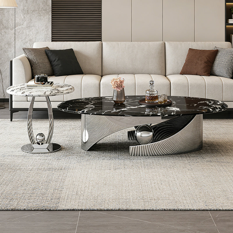 Ensemble de tables basses en marbre, 15.75" H x 51.18" L x 27.56" W, Noir / blanc