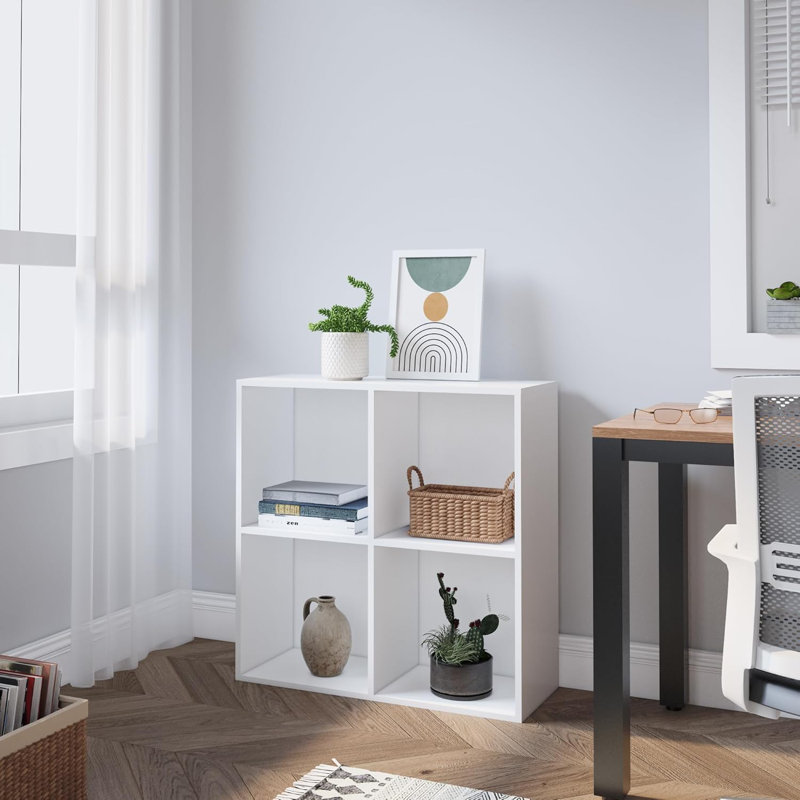 Latitude Run® Bookcase, 4 Cube Open Storage Organizer Display Bookshelf, Ivory White