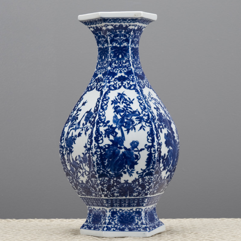 Hexagonal Porcelain Vase with Floral and Bird Motif Blue and White