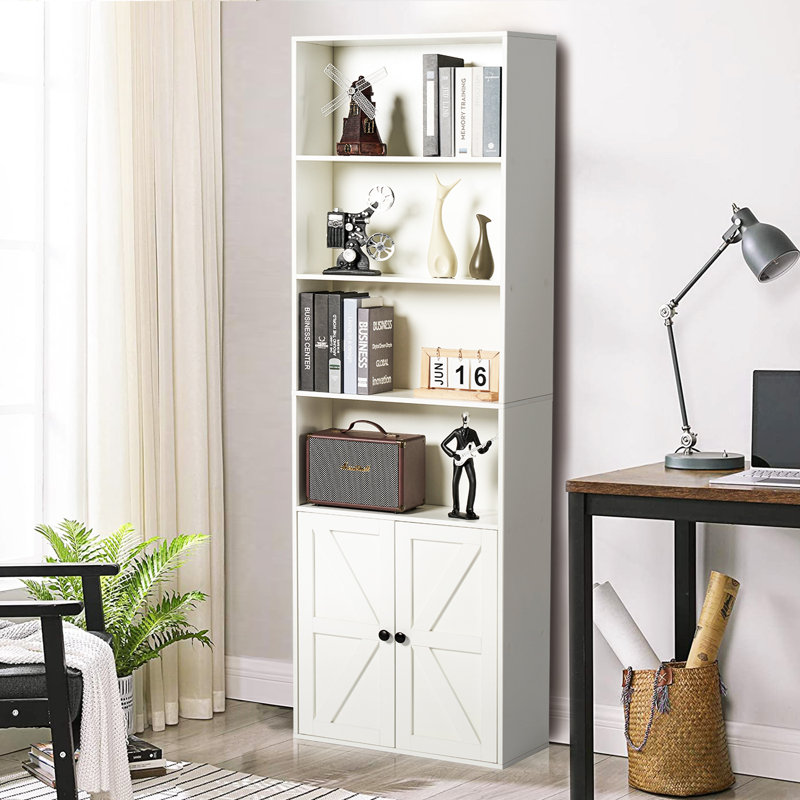 Tiranke Storage Bookcase with Door Cabinets, (6 Shelves) 71.2"H x 21.8"W x 9.3"D, White