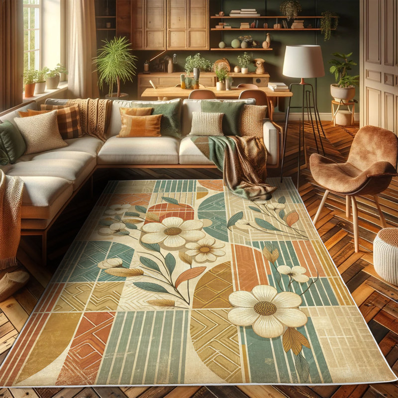 Pale Teal and Salmon Floral Synthetic Area Rug 2'5" x 5'