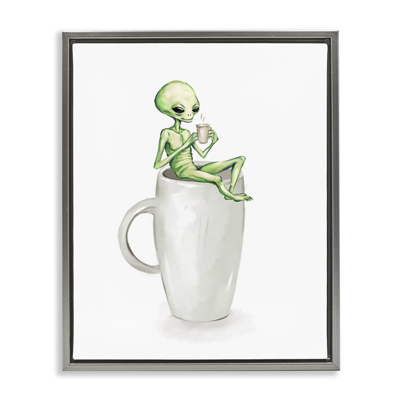 Art mural sur toile Alien & Coffee par Ziwei Li, H 31 po x l 25 po, Cadre flottant gris lustré