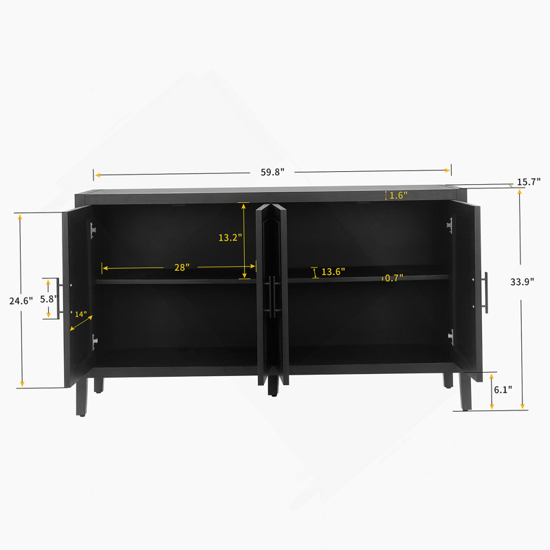 4 Door Wooden Twill Sideboard American Country Vintage Old Living Room, Black/Dark Walnut