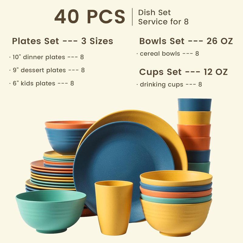 40-Piece Premium Wheat Straw Dinnerware Sets Service For 8, Unbreakable Plates And Bowls Set Cups Sets, Dinner Plates, Bowls For Kitchen,Dishwasher And Microwave Safe Dishes Set Multi