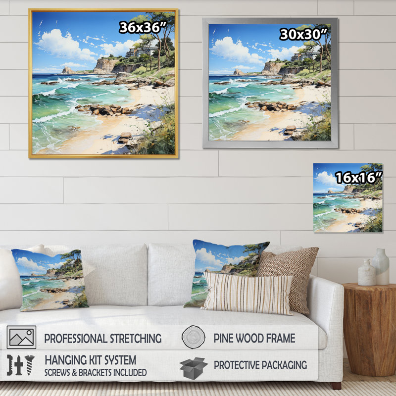 Plage contrastante pointillisme I, H 24 po x l 24 po x P 1 po, Cadre flottant doré