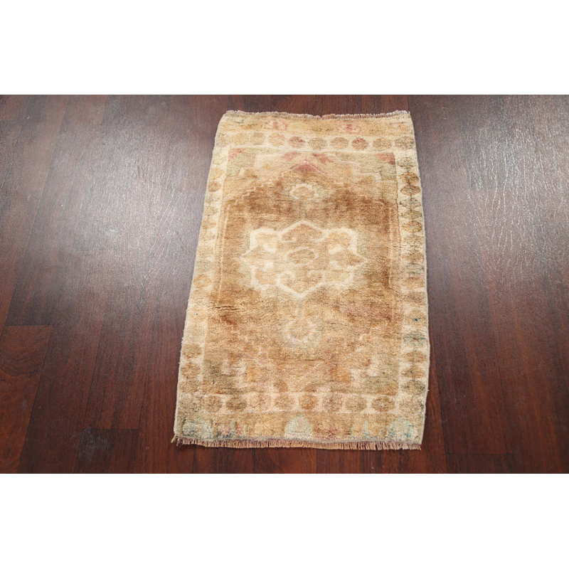 Tapis beige en laine noué à la main de conception unique 1 pi 9 po x 2 pi 10 po