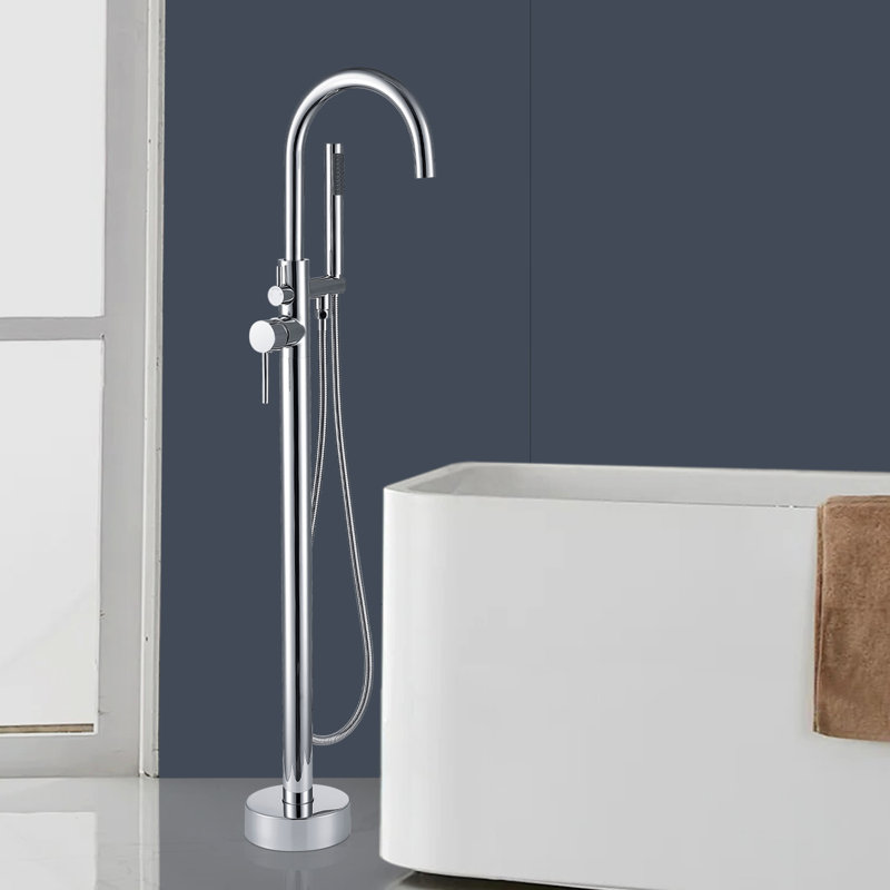 Double Handle Floor Mounted Tub Filler With Handshower, Chrome