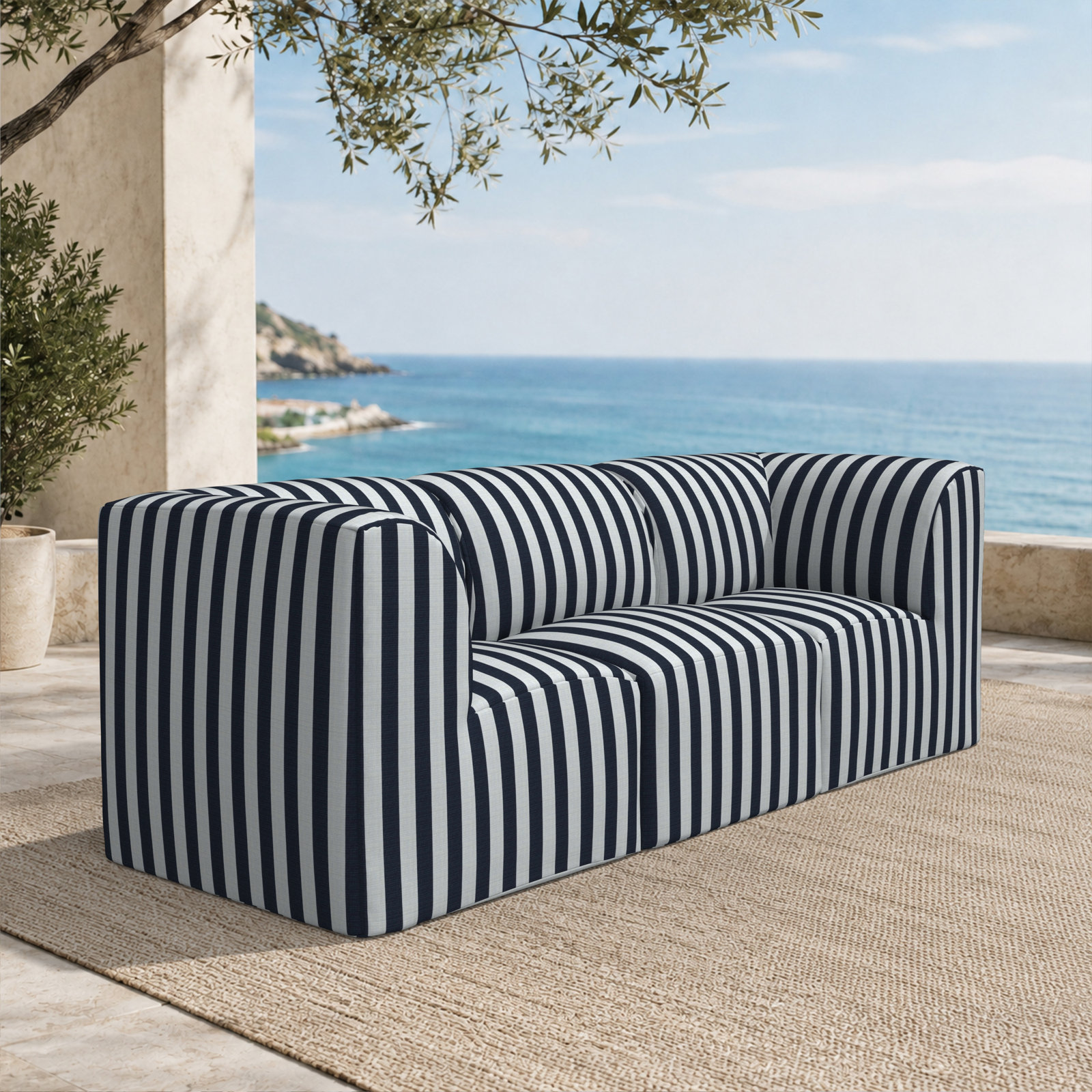 Praia 96" Sunbrella® Patio Sectional, Expressive Mist Striped Sunbrella®