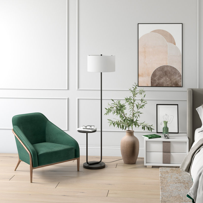 Black Metal Tray Table Floor Lamp with White Frosted Glass Shade