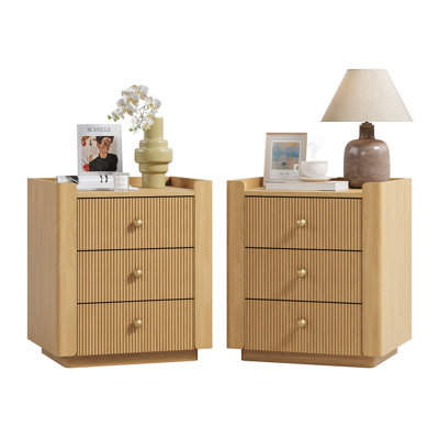  Avalie Fluted Wood Nightstand With Rounded Edge Frame, Natural Bedside Table With 3 Drawers For Bedroom