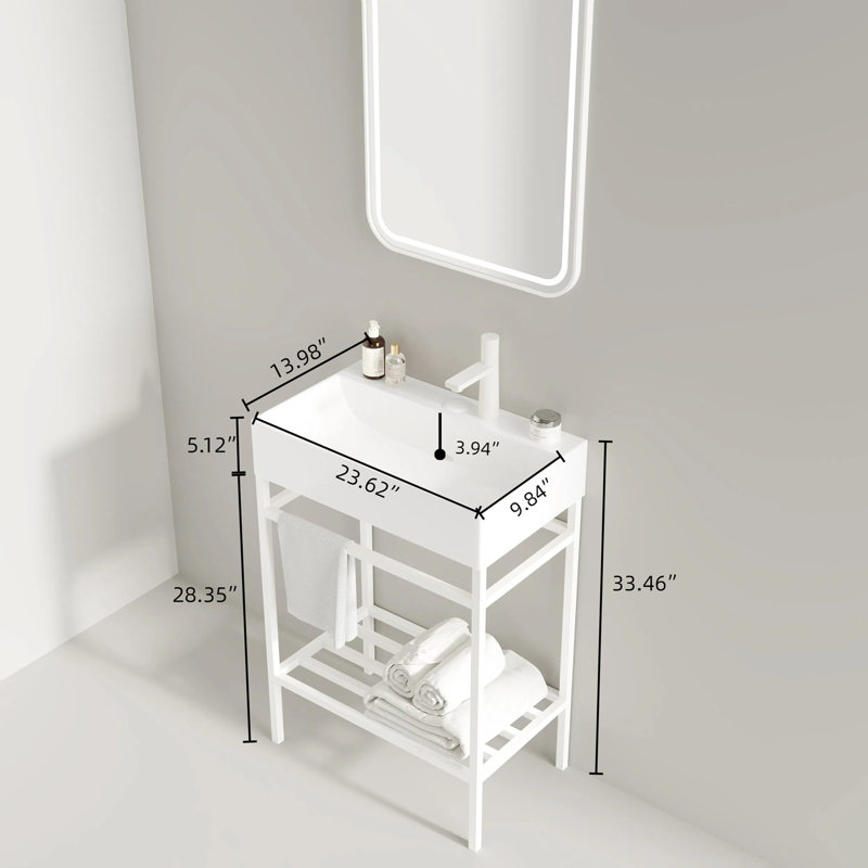 Meuble-lavabo autoportant avec lavabo en céramique, Blanc, Blanc