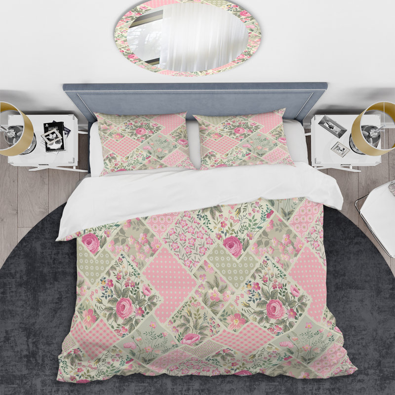 Patchwork floral rose - ensemble de housse de couette abstrait - microfibre de polyester