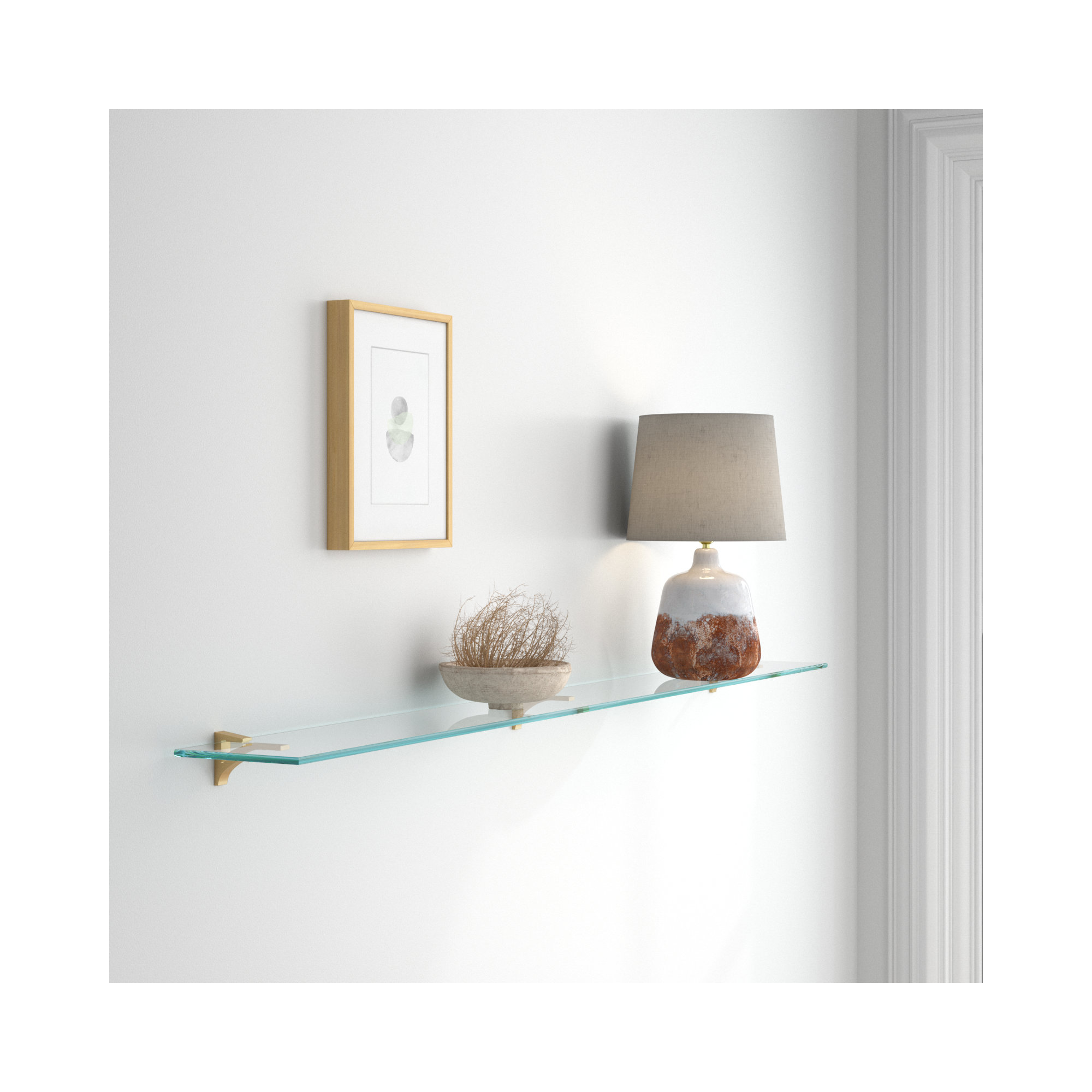 Earlham Tempered Glass Wall Mounted Bracket Shelf, Brass