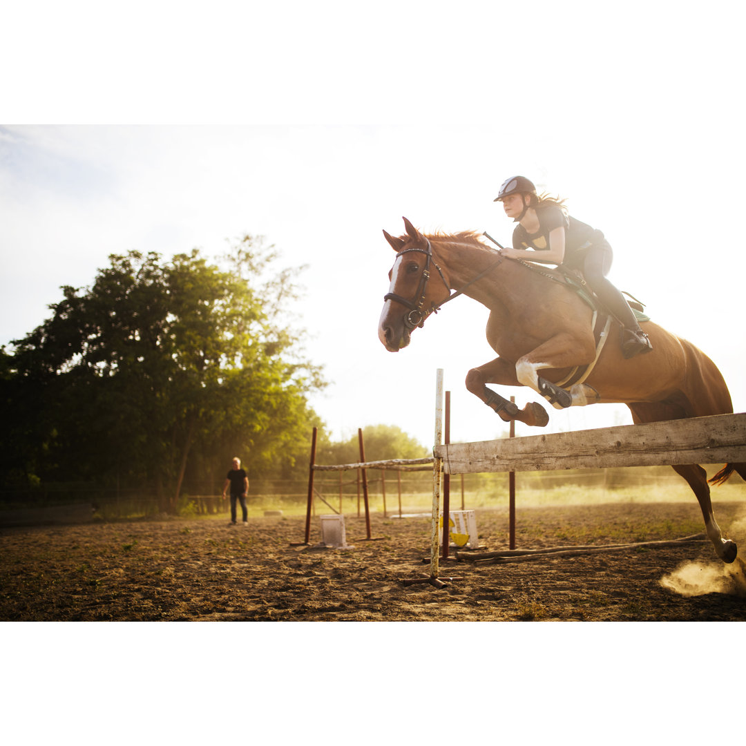 Leinwandbild Junge Jockeyin auf Pferd, das über eine Hürde springt