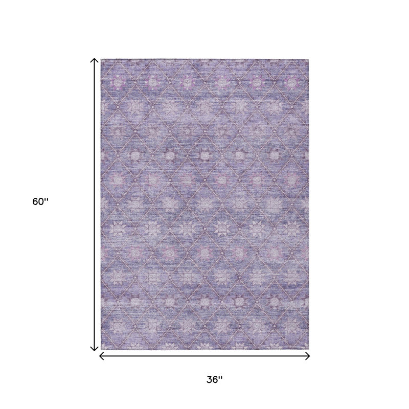 3' X 5' Purple And Ivory Floral Washable Indoor Outdoor Area Rug