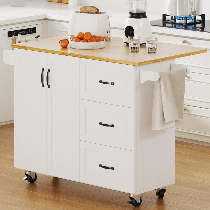 Îlot de cuisine avec rangement sur roulettes, îlot de cuisine roulant avec porte-épices et porte-serviettes, table d'îlot portable pour la cuisine, blanc