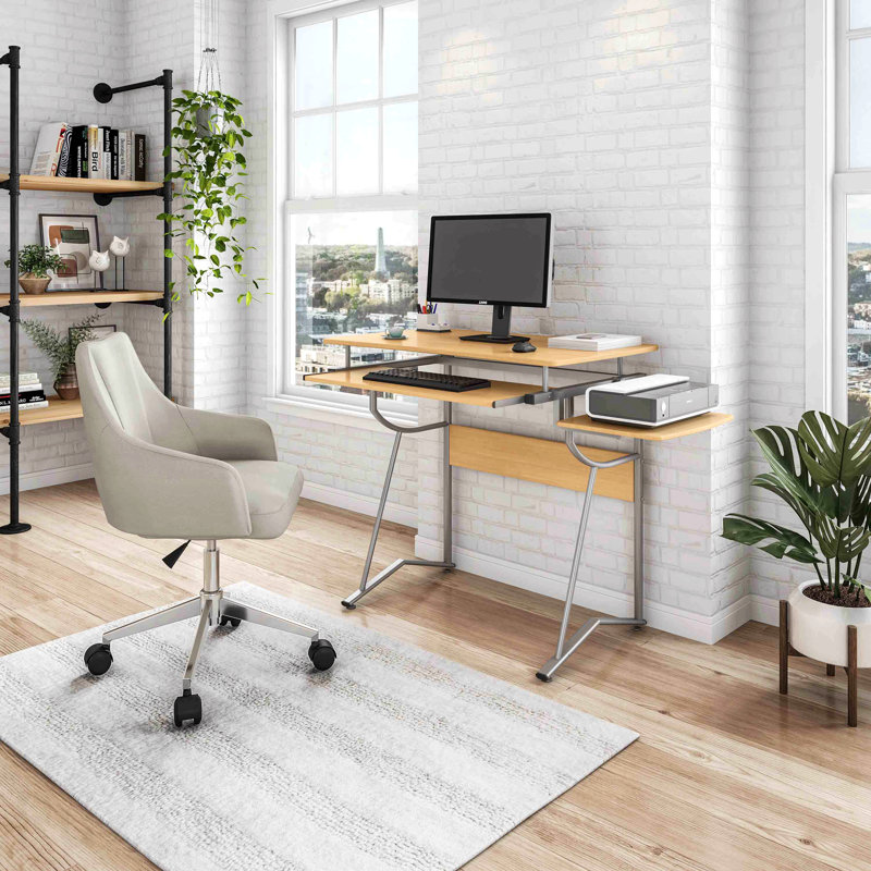 Compact Computer Desk With Side Shelf And Keyboard Panel, Cherry