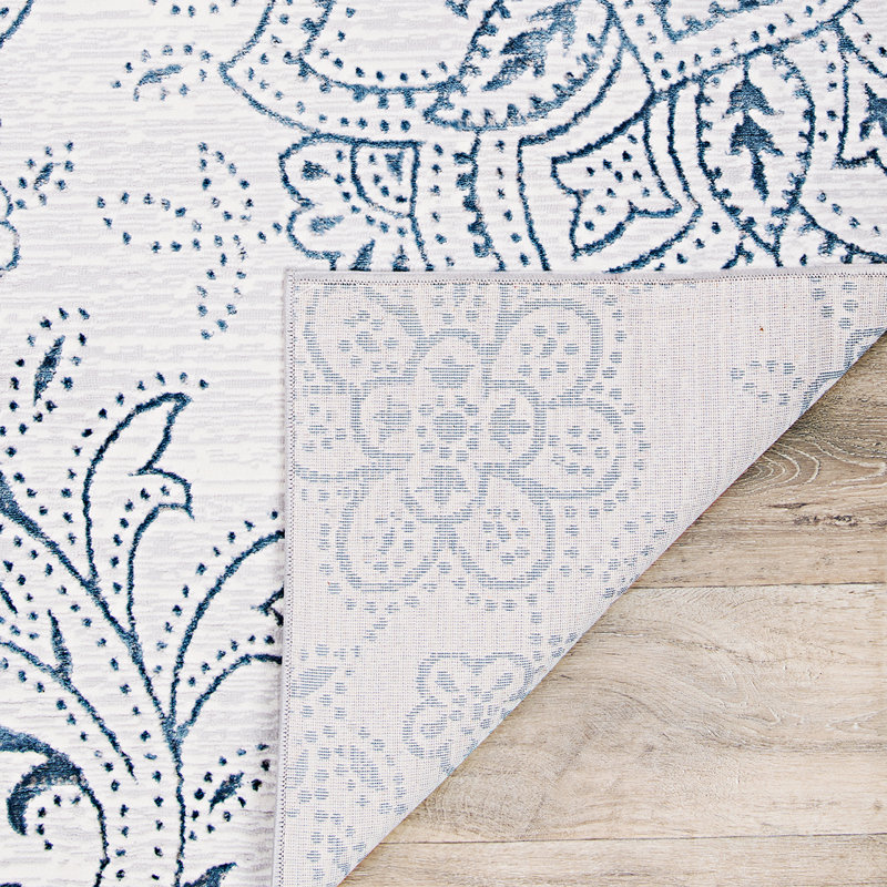 Tapis blanc/bleu floral Karmane, Rectangle 9 pi 10 po x 13 pi 2 po