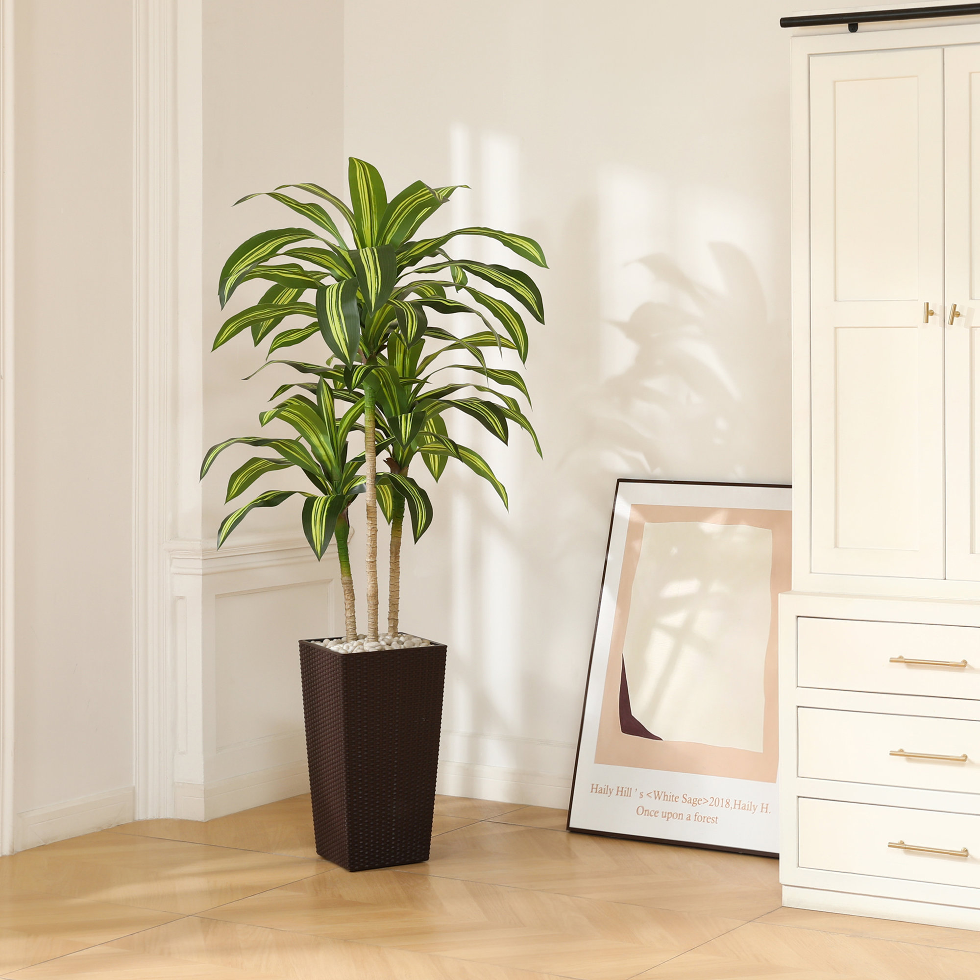 Adcock Artificial Dracaena Tree UV Resistant with Tall Planter, Faux Dracaena Tree for Outdoor, Brown, 72" H x 24" W x 24" D