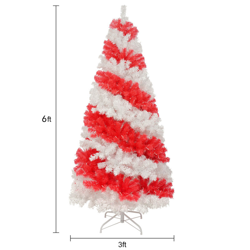 Arbre de Noël illuminé 6 pi avec canne de bonbon avec 300 lumières DEL et 900 branches flexibles, arbre de Noël artificiel des Fêtes, rouge et blanc