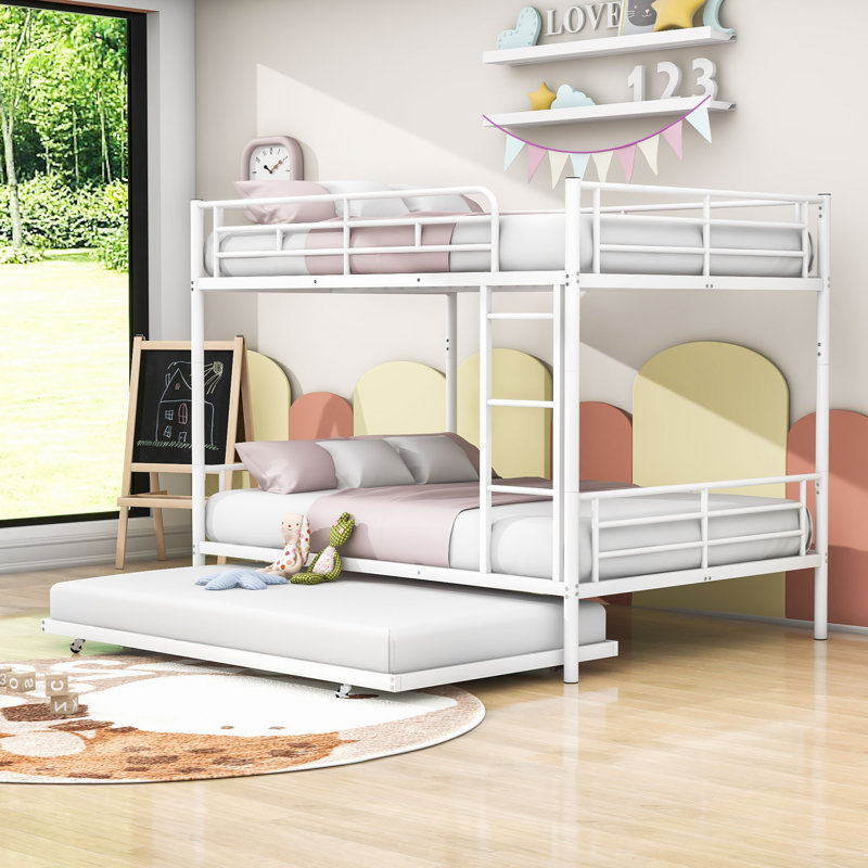 Lit superposé double au-dessus de double avec lit gigogne simple, Blanc