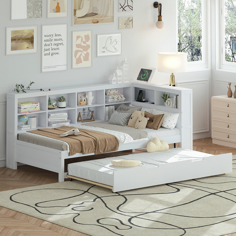 Lit de jour en bois avec couchette simple, lit de jour avec tablette de rangement et ports de charge USB, blanc