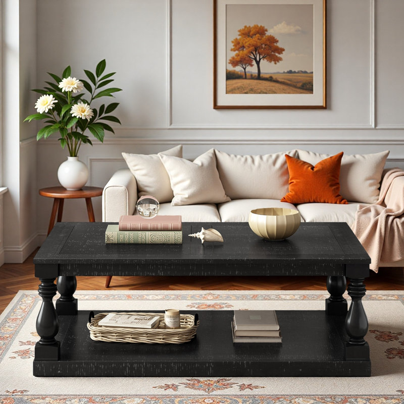 Table basse rétro avec pieds de colonne de vase, placage de pin et tablette inférieure, Noir