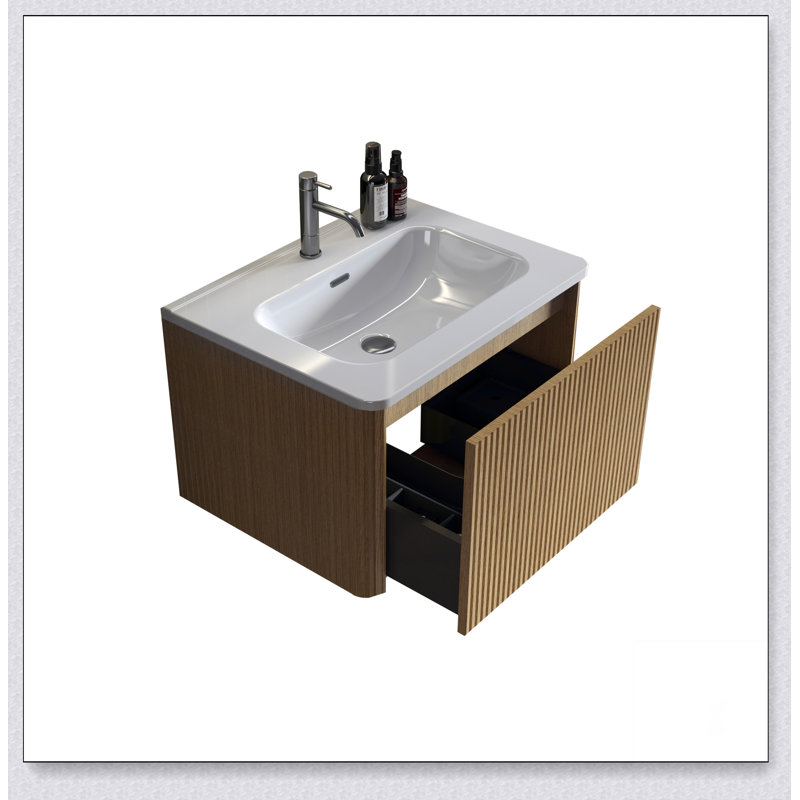 Meuble-lavabo flottant rayé brossé avec lavabo en céramique blanche, meuble-lavabo pour salle de bain moderne, lavabo une pièce blanc sans bonde, pré-assemblé