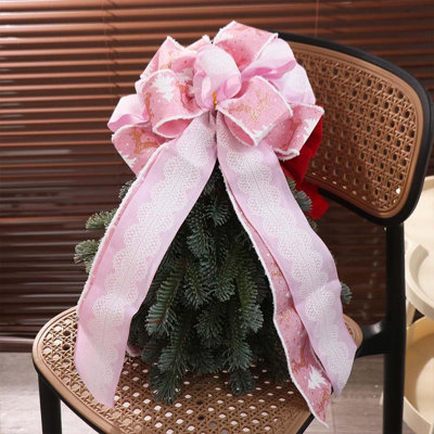 Grand nœud d'arbre de Noël rose, grand nœud d'arbre de Noël 11 po x 21 po avec velours rouge et bordure blanche pour guirlande, guirlande, escalier, foyer, intérieur, extérieur, décoration de Noël (1 paquet)