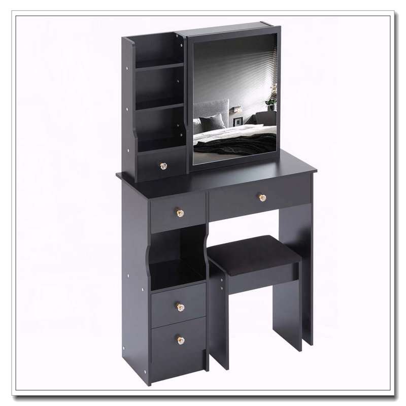 29.2" Small Space Vanity Table with Sliding Mirror, Stool and High Capacity Storage, Black